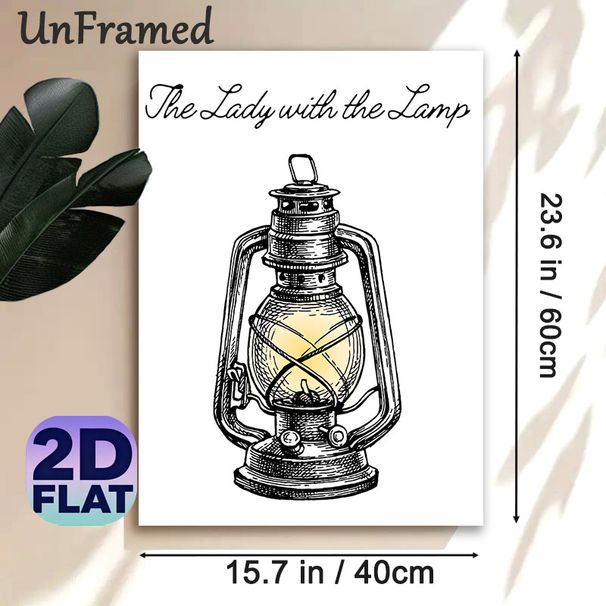 Vintage Lantern Painting Poster, Hand-drawn Sketch-style Poster, Classic Glowing Kerosene Lantern With Cursive "The Lady With The Lamp" Text, Brings_maomaolike.com