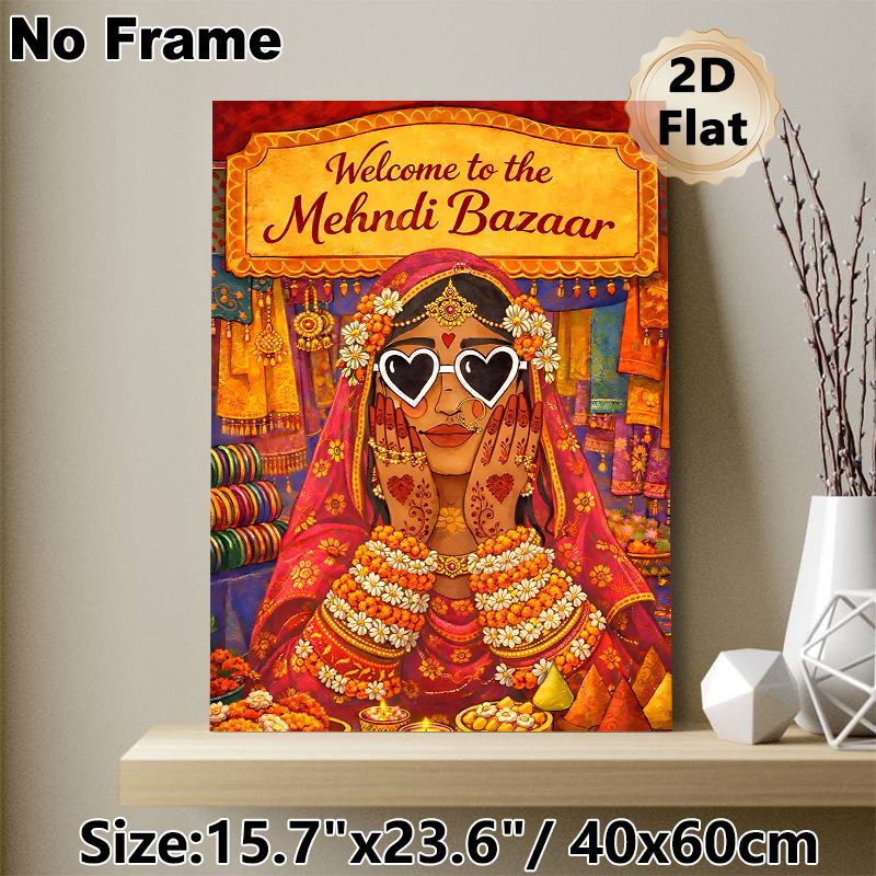 Mehndi Bazaar Themed Painting Poster, Colorful Traditional Indian Market Scene Poster, Rich Ethnic Cultural Design Ideal For Home Wall Decor, Festive_maomaolike.com