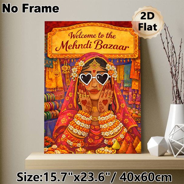 Mehndi Bazaar Themed Painting Poster, Colorful Traditional Indian Market Scene Poster, Rich Ethnic Cultural Design Ideal For Home Wall Decor, Festive_maomaolike.com